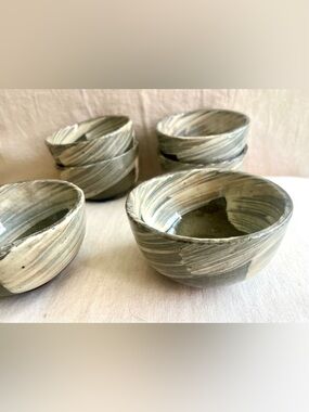 Set of 6 Japanese Hakeme Tea Bowls 🍵 Handmade Matcha Chawan Wabi Sabi Ceramic